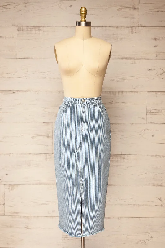 Women's denim skirts for active women who love movement -Clarke | Striped Blue Midi Denim Skirt