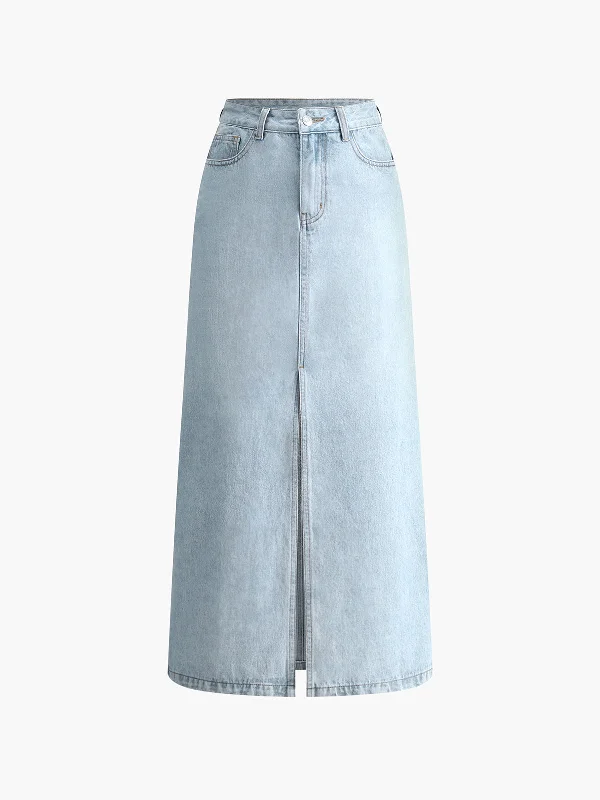 Women's distressed denim skirts for street style -Cotton Split Denim Skirt