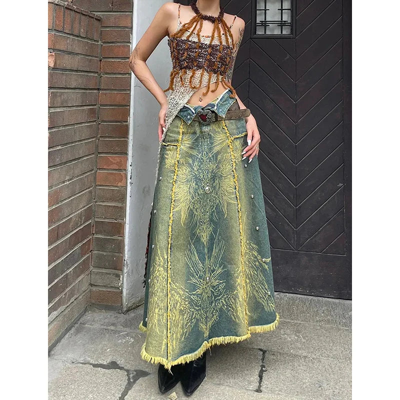 Women's denim skirts with side slits for added mobility -High Waist Tassels Denim Skirt Baggy Vintage Pants Women's denim skirts with side slits for added mobility -High Waist Tassels Denim Skirt Baggy Vintage Pants