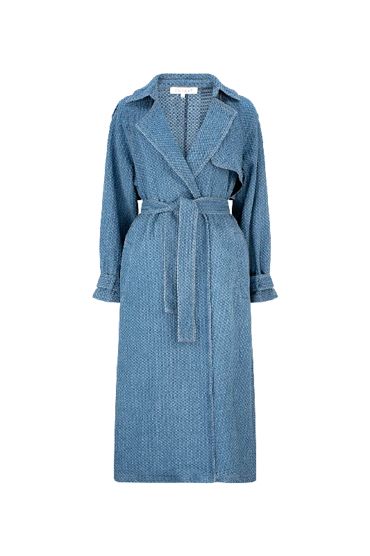 Best denim dresses for tall petite--What new and what's shop-CURAAE Aurora Long Denim Textured Tie Trench In Mid Blue