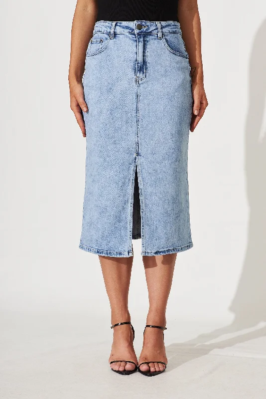 Women's vintage denim skirts for retro fashion -Deja Vu Midi Stretch Denim Skirt In Light Blue Wash Women's vintage denim skirts for retro fashion -Deja Vu Midi Stretch Denim Skirt In Light Blue Wash