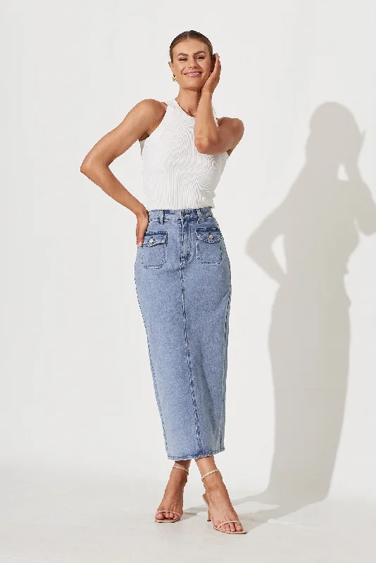 Women's denim skirts with pockets for practical use -Delta Maxi Denim Skirt In Mid Blue Women's denim skirts with pockets for practical use -Delta Maxi Denim Skirt In Mid Blue