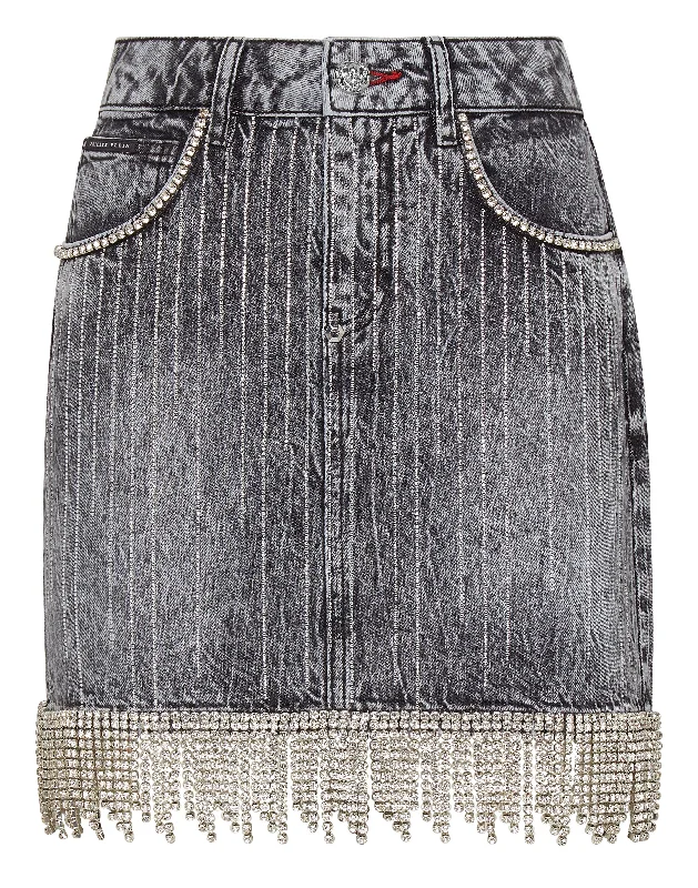 Women's pleated denim skirts for feminine style -Denim Skirt Crystal Fringe