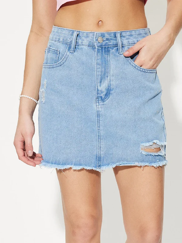 Women's low-rise denim skirts for casual comfort -Distressed Raw Hem Mini Denim Skirt Women's low-rise denim skirts for casual comfort -Distressed Raw Hem Mini Denim Skirt
