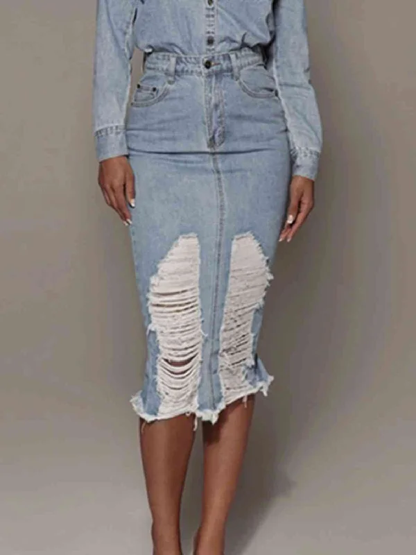 Women's button-front denim skirts for trendy style -Distressed Slit Denim Skirt