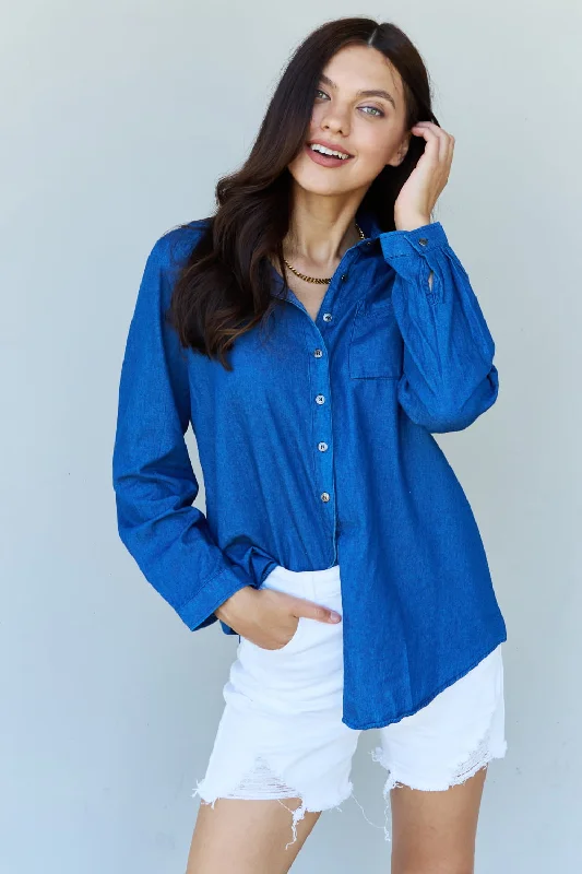 Denim tops featuring DNA-sequenced patterns- -Comfortable women's denim tops for travel-Doublju Blue Jean Baby Denim Button Down Shirt Top in Dark Blue