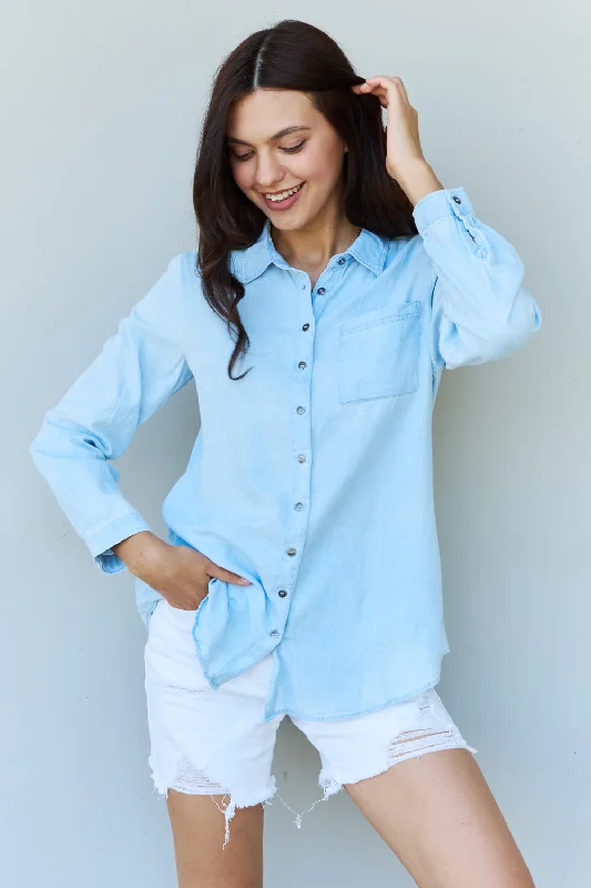 Denim tops with biometric stress monitors- -Women's denim crop tops for a trendy look-Doublju Blue Jean Baby Denim Button Down Shirt Top in Light Blue