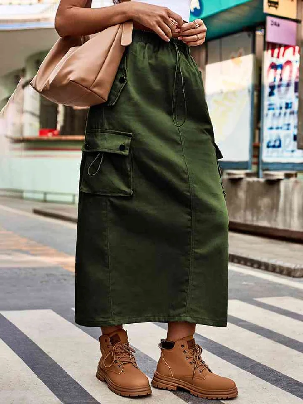 Women's wide-leg denim skirts for comfortable wear -Drawstring Waist Slit Denim Skirt
