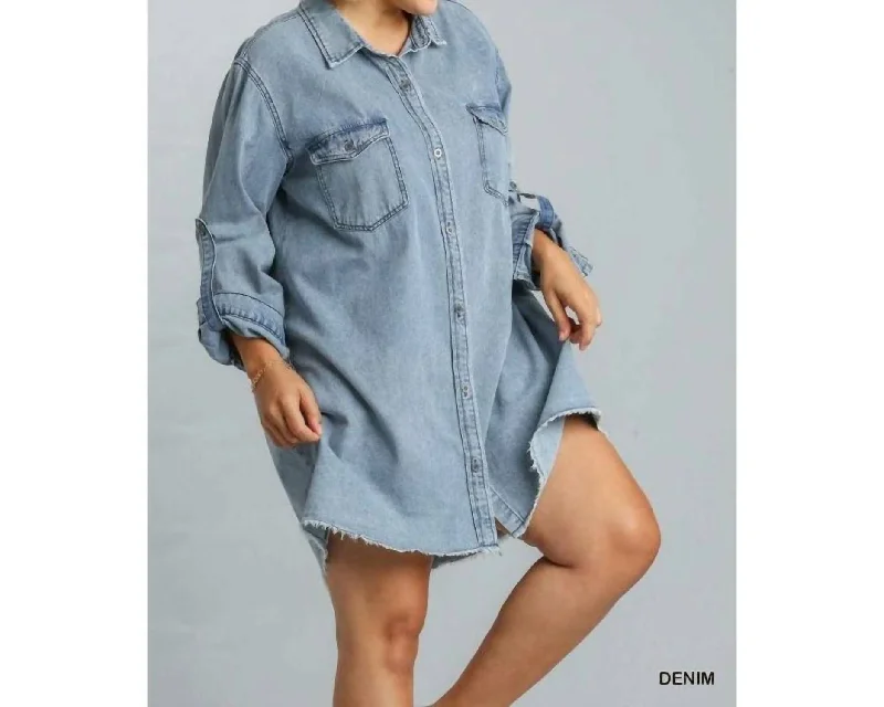 Denim dress with contrast sleeve--Popular brands on new denim-Dress With Unfinished Hem In Denim