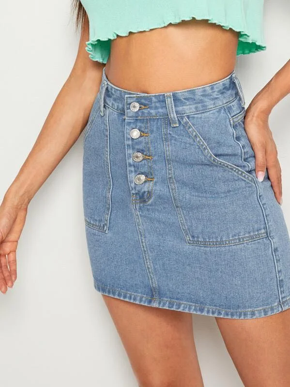 Women's denim skirts for evening dinner parties -Dual Pocket Button Front Denim Skirt Women's denim skirts for evening dinner parties -Dual Pocket Button Front Denim Skirt