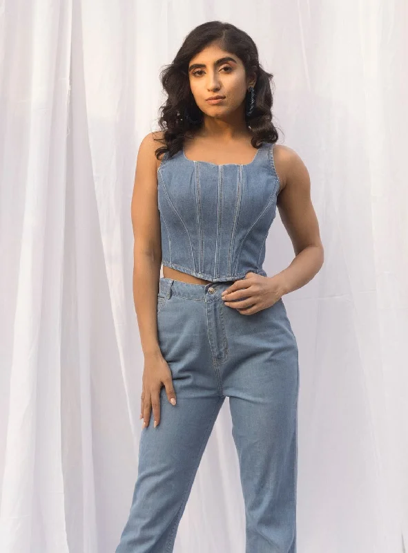 Women's sleeveless denim tank top for hot weather -Fiona Denim Corset Top