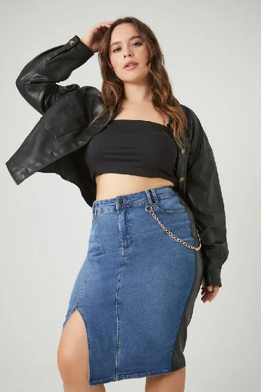 Women's mini-length denim skirts for weekend outings -Forever 21 Plus Women's Faux Leather/Pleather & Denim Skirt Denim/Black Women's mini-length denim skirts for weekend outings -Forever 21 Plus Women's Faux Leather/Pleather & Denim Skirt Denim/Black