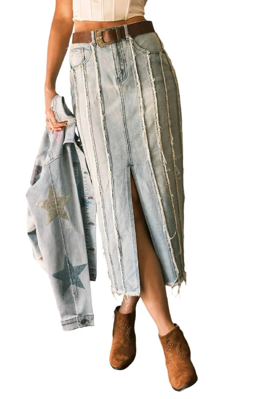 Women's stretchy denim skirts for all-day comfort -Frayed Denim Skirt In Light Wash