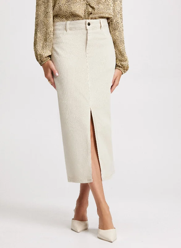 Women's denim skirts for layering over tights in fall -Front Slit Denim Skirt