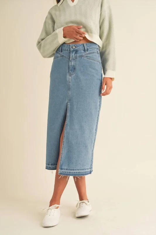 Women's pleated denim skirts with lace details for romantic style -Front Slit Midi Denim Skirt In Blue Women's pleated denim skirts with lace details for romantic style -Front Slit Midi Denim Skirt In Blue