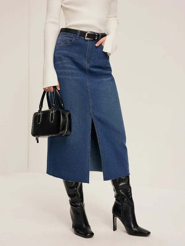 Women's light wash denim skirts for breezy summer days -Front Split Denim Skirt Without Belt