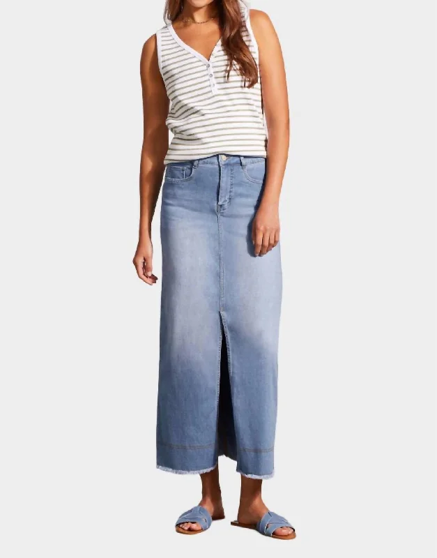 Women's button-front denim skirts for stylish casual wear -Full Length Denim Skirt In Sky Blue