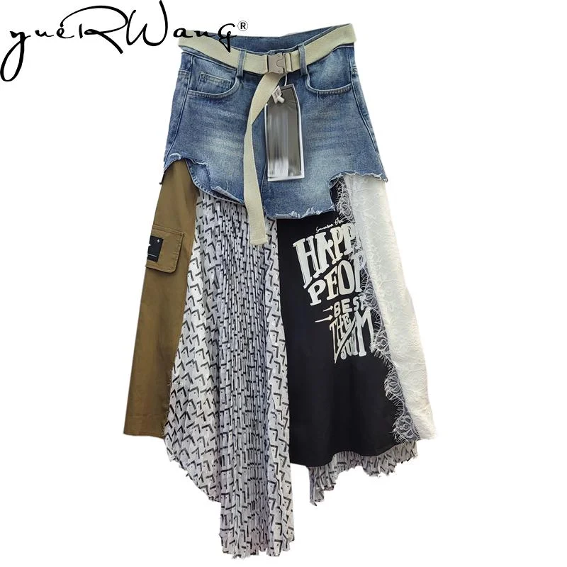 Best women's denim skirts for summer -Getspring Women Skirt Long Patchwork Denim Skirt Stitching Irregular High Waist Loose Leisure Asymmetrical Pleated Skirt 2022 Best women's denim skirts for summer -Getspring Women Skirt Long Patchwork Denim Skirt Stitching Irregular High Waist Loose Leisure Asymmetrical Pleated Skirt 2022