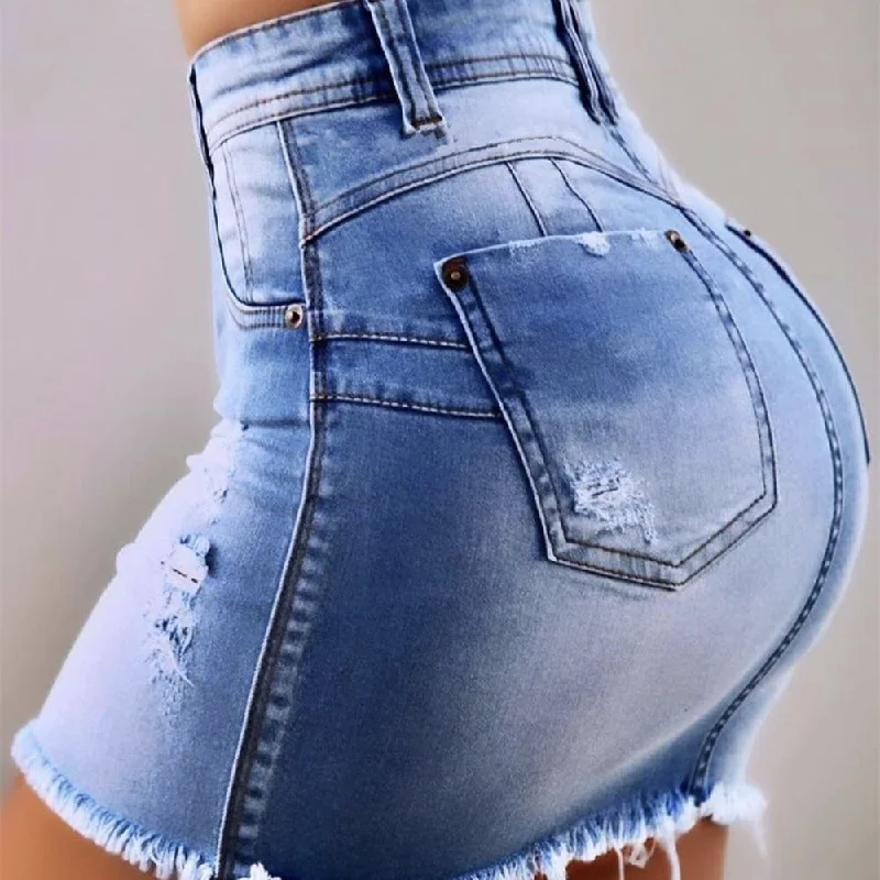 Women's denim skirts for family gatherings -Gradient Color Ripped Fresh And Sweet Sexy Zipper Denim Skirt