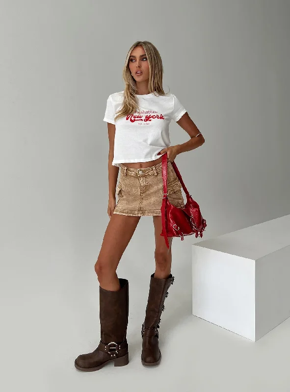 Women's denim skirts for evening dinner parties -Velveta Low Rise Denim Skirt Camel