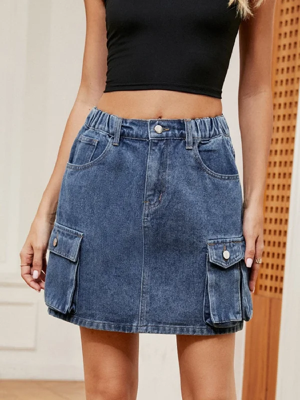 Women's denim skirts with leopard print for bold fashion -Chic high-rise denim skirt