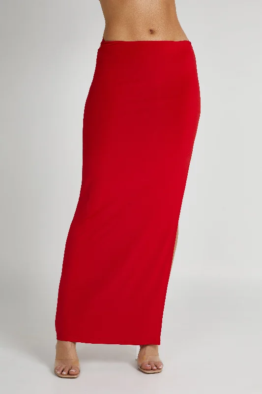 Women's denim skirts for brunch dates and casual events -Jeanine Cowl Back Maxi Skirt - Red Women's denim skirts for brunch dates and casual events -Jeanine Cowl Back Maxi Skirt - Red