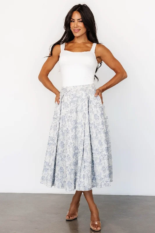 Women's denim skirts for school uniforms -Jeanne Pleated Midi Skirt | Pearl + Light Blue Women's denim skirts for school uniforms -Jeanne Pleated Midi Skirt | Pearl + Light Blue