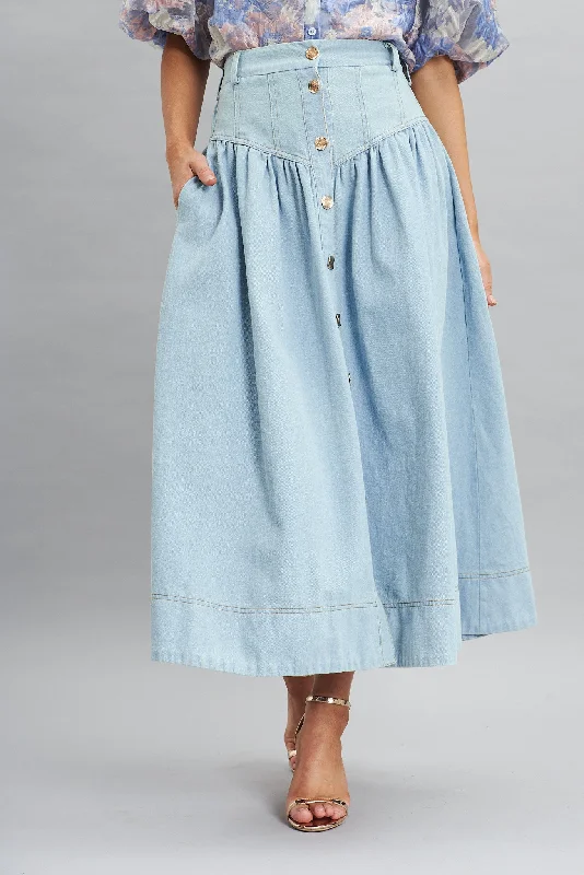 Women's high-waisted denim skirts for hourglass figure -Judith Maxi Denim Skirt In Light Blue Women's high-waisted denim skirts for hourglass figure -Judith Maxi Denim Skirt In Light Blue