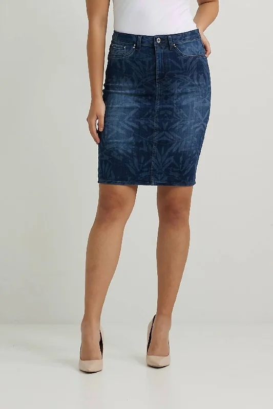Women's denim skirts for chic office looks with blazer -Leaf Print Denim Skirt In Denim Blue Women's denim skirts for chic office looks with blazer -Leaf Print Denim Skirt In Denim Blue