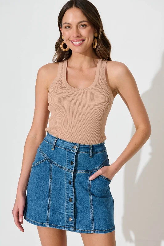Women's pleated denim skirts for preppy look -Lizzie Denim Skirt In Mid Blue Wash