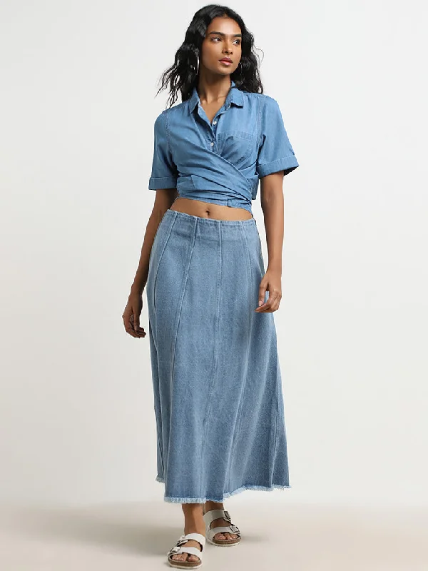 Women's tulle-lined denim skirts for playful outfits -LOV Blue Mid Rise Denim Skirt Women's tulle-lined denim skirts for playful outfits -LOV Blue Mid Rise Denim Skirt