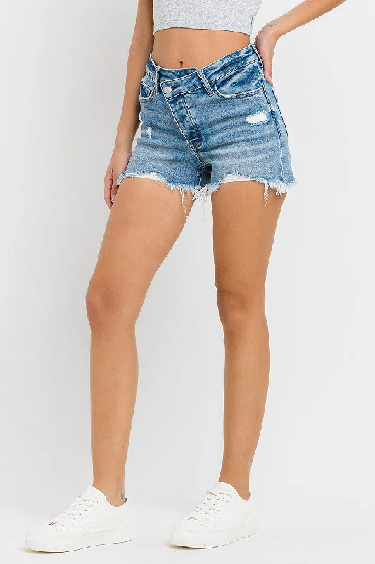If is Jeans world what if -Lovervet Stepped Waist Raw Hem Denim Shorts