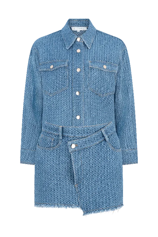 Denim dress with contrast placket--Plus is styled popular-CURAAE Lyra Two Piece Textured Denim Button Asymmetrical Set In Mid Blue
