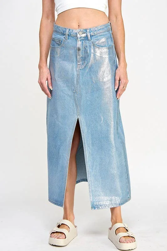 Women's loose denim skirts for warm weather -METALLIC DENIM SKIRT