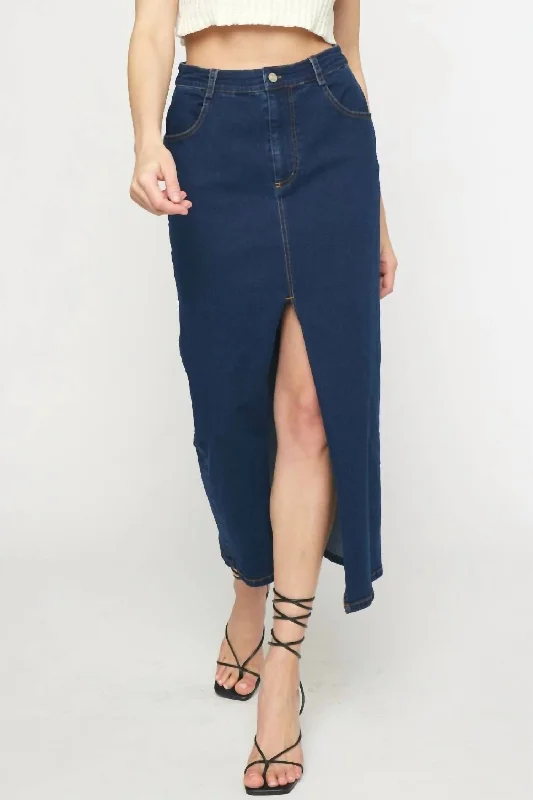 Women's high-waisted pencil denim skirts for sleek silhouette -Mid Length Denim Skirt In Dark Wash Women's high-waisted pencil denim skirts for sleek silhouette -Mid Length Denim Skirt In Dark Wash