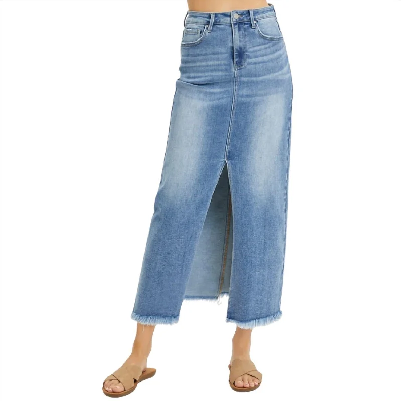 Women's split-hem denim skirts for modern twist -Midi-Maxi Denim Skirt In Medium Wash