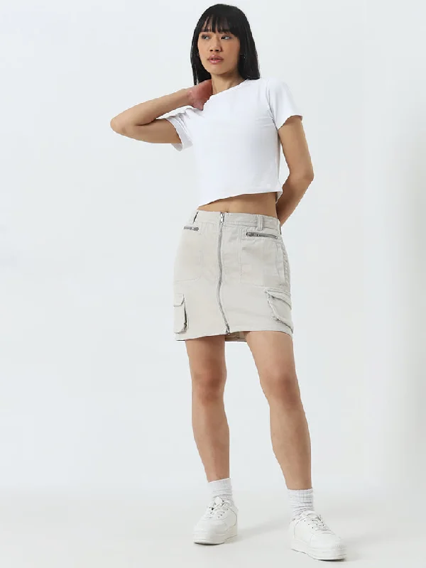 Women's denim skirts with silver hardware for edgy fashion -Nuon Beige Cargo-Style High-Rise Denim Skirt Women's denim skirts with silver hardware for edgy fashion -Nuon Beige Cargo-Style High-Rise Denim Skirt