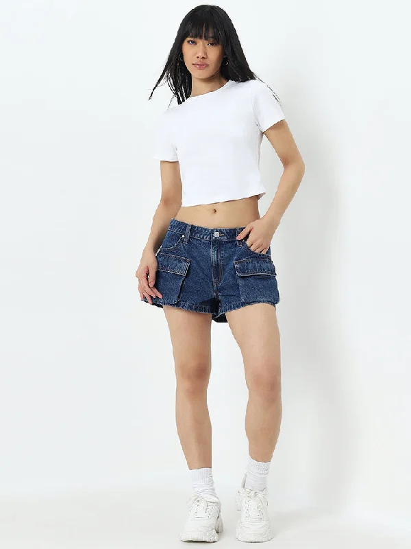Women's denim shorts high a style :Nuon Blue Cargo-Style Denim Mid-Rise Shorts