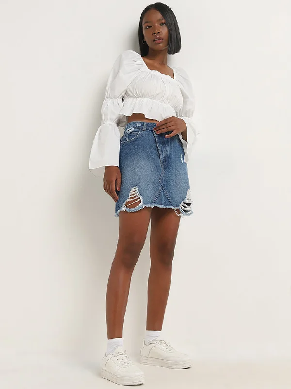 Women's denim skirts with studded accents for trendy looks -Nuon Blue Distressed High-Rise Denim Skirt Women's denim skirts with studded accents for trendy looks -Nuon Blue Distressed High-Rise Denim Skirt