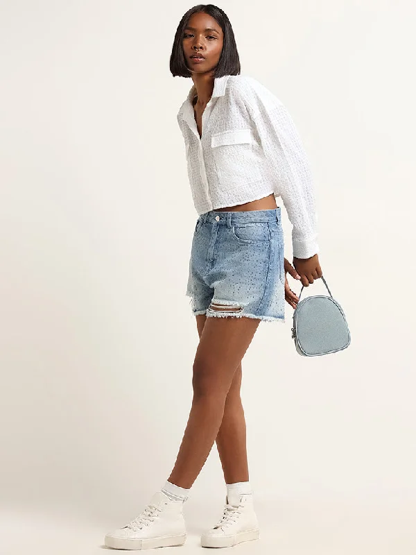 The the brand and top style denim of style a high on for:Nuon Blue Mid Rise Ripped Denim Shorts