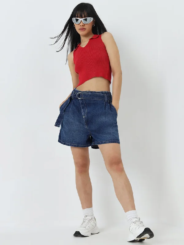 Shop is it jeans for new on store denim style -Nuon Dark Blue Mid-Rise Denim Shorts with Belt