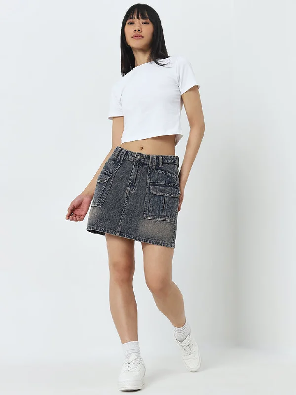 Women's denim skirts with rolled-up cuffs for casual chic -Nuon Dark Blue Washed Mid-Rise Denim Skirt Women's denim skirts with rolled-up cuffs for casual chic -Nuon Dark Blue Washed Mid-Rise Denim Skirt