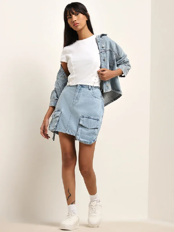 Women's midi-length denim skirts for sophisticated look -Nuon Light Blue Cargo-Style High-Rise Denim Skirt Women's midi-length denim skirts for sophisticated look -Nuon Light Blue Cargo-Style High-Rise Denim Skirt