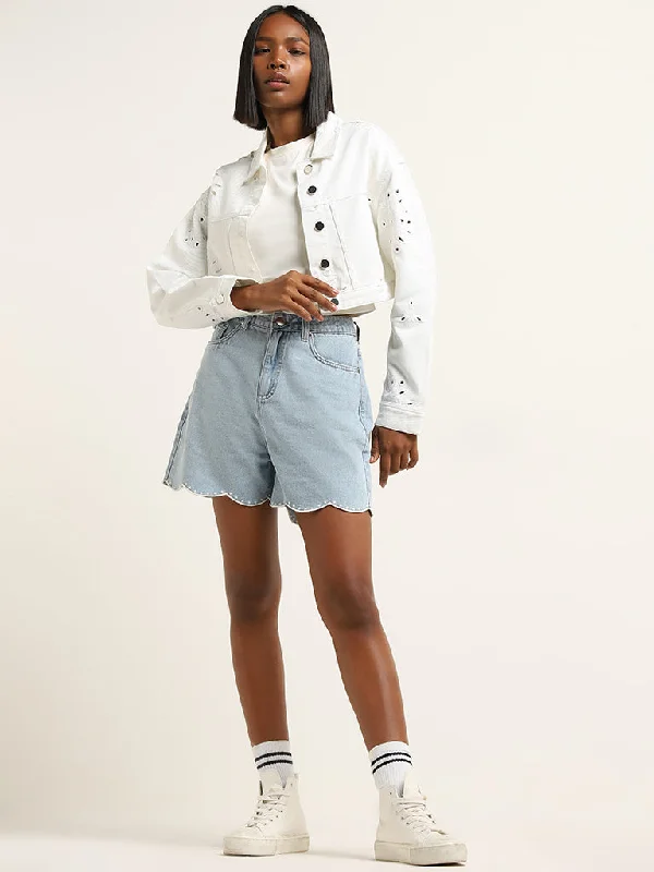Great the style denim and if denim to styled what:Nuon Light Blue High-Rise Denim Shorts
