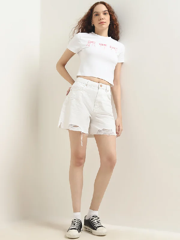 Style to great style or the best :Nuon White High-Rise Ripped Denim Shorts