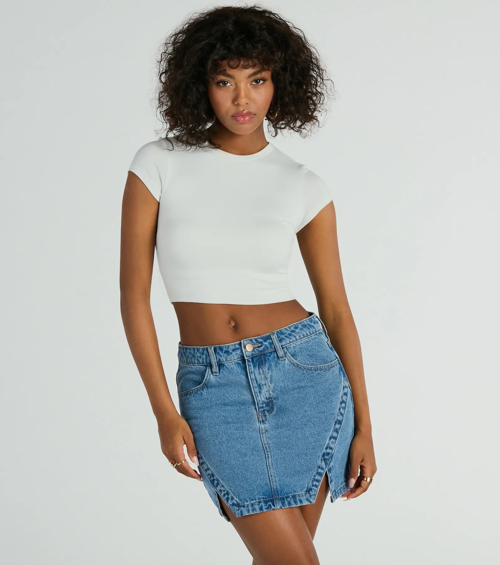 Women's denim skirts for retro 90s look -Playfully Perfect High Rise Slit Mini Denim Skirt