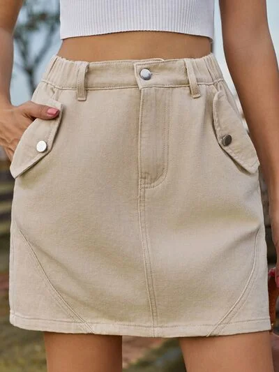 Women's button-front denim skirts for trendy style -Pocketed Buttoned Mini Denim Skirt Women's button-front denim skirts for trendy style -Pocketed Buttoned Mini Denim Skirt