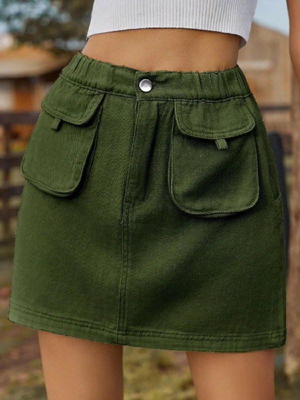 Women's high-waisted denim skirts for comfort -Pocketed denim skirt with elastic waist