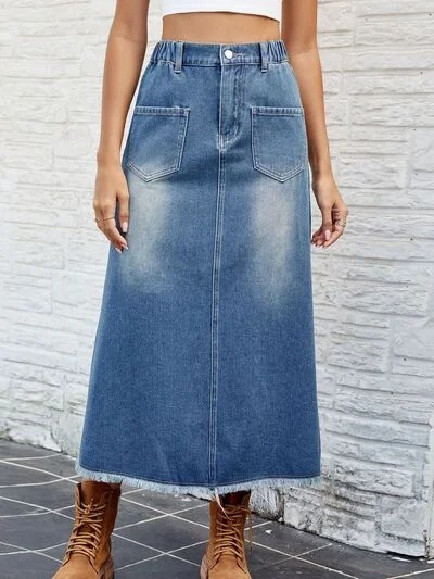 Women's long denim skirts for elegant fashion -Raw Hem Buttoned Denim Skirt with Pockets Women's long denim skirts for elegant fashion -Raw Hem Buttoned Denim Skirt with Pockets
