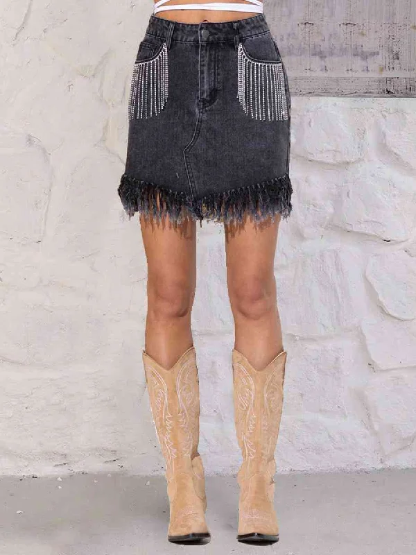 Women's midi denim skirts for vintage look -Rhinestone Fringe Denim Skirt